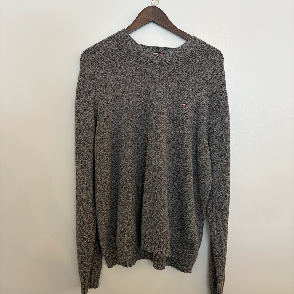 Tommy Hilfiger Mens Gray Marl 100% Cotton V-Neck Pullover Sweater Logo L
